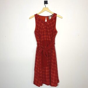 Anthropologie Girls From Savoy‎ Dress Silk Red Plaid Sleeveless Belted Size 6